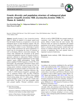 Genetic Diversity and Population Structure of Endangered Plant Species Anagallis Foemina Mill