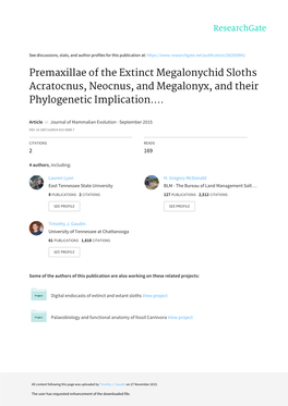 Premaxillae of the Extinct Megalonychid Sloths Acratocnus, Neocnus, and Megalonyx, and Their Phylogenetic Implication