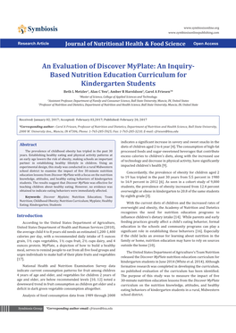 An Evaluation of Discover Myplate: an Inquiry-Based Nutrition Education Curriculum for Kindergarten Students Copyright: © 2017 Friesen, Et Al