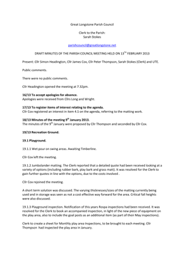 Draft Minutes of the Parish Council Meeting Held on 13Th February 2013