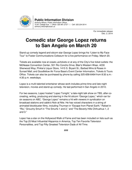 George Lopez Returns to San Angelo on March 20