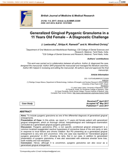 Generalized Gingival Pyogenic Granuloma in a 11 Years Old Female – a Diagnostic Challenge