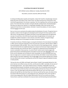 IS AUSTRALIA the LAND of the FAIR GO? ACTU Whitlam Lecture, Melbourne, Tuesday, November 30, 2010 Ross Gittins, Economic Columni