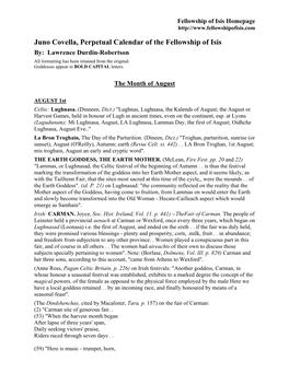 Juno Covella, Perpetual Calendar of the Fellowship of Isis By: Lawrence Durdin-Robertson All Formatting Has Been Retained from the Original