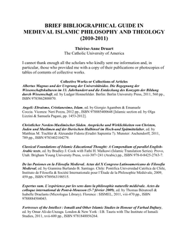 Brief Bibliographic Guide in Medieval Islamic Philosophy and Theology