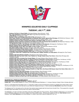 Winnipeg Goldeyes Daily Clippings Tuesday, July 7 , 2020