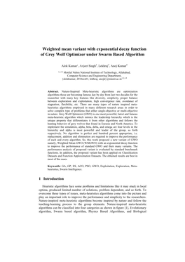 Weighted Mean Variant with Exponential Decay Function of Grey Wolf Optimizer Under Swarm Based Algorithm