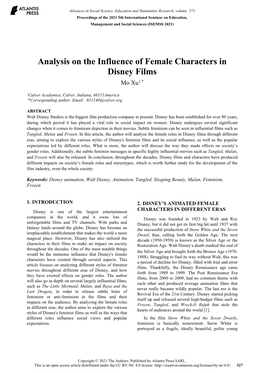 Analysis on the Influence of Female Characters in Disney Films Mo Xu1,*