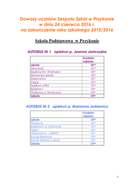 Dowozy Uczniów Zespołu Szkół W Przykonie W Dniu 24 Czerwca 2016 R