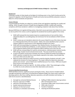 Summary and Background of DHSR's Review of Baby+Co – Cary Facility