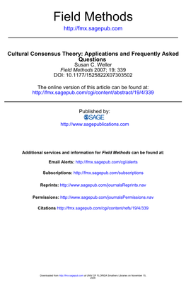 Cultural Consensus Theory: Applications and Frequently Asked Questions Susan C