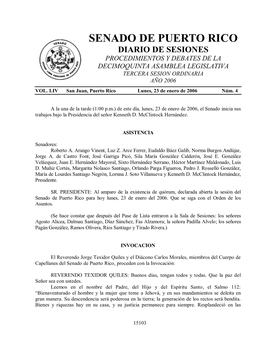 Senado De Puerto Rico Diario De Sesiones Procedimientos Y Debates De La Decimoquinta Asamblea Legislativa Tercera Sesion Ordinaria Año 2006 Vol