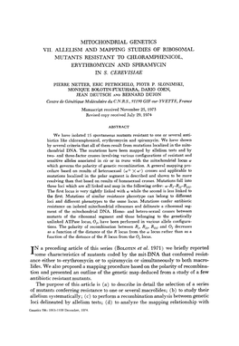 Mitochondrial Genetics Vii. Allelism and Mapping Studies of Ribosomal Mutants Resistant to Chloramphenicol, Erythromycin and Spiramycin in S