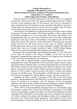 Arailym Mussagaliyeva Republic of Kazakhstan, Astana City, Doctor of Historical Sciences, Professor of Eurasian National University Named After L.N