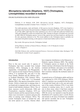 Micropterna Lateralis (Stephens, 1837) (Trichoptera, Limnephilidae) Recorded in Iceland