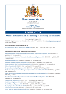 Government Gazette of the STATE of NEW SOUTH WALES Number 108 Friday, 27 August 2010 Published Under Authority by Government Advertising
