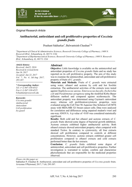 Antibacterial, Antioxidant and Cell Proliferative Properties of Coccinia Grandis Fruits Prashant Sakharkar1, Balwantsinh Chauhan2,*