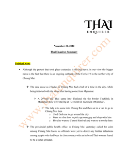 November 30, 2020 Thai Enquirer Summary Political News • Although