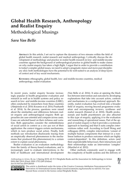 Global Health Research, Anthropology and Realist Enquiry Methodological Musings