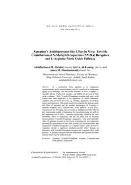 (NMDA) Receptors and L-Arginine-Nitric Oxide Pathway