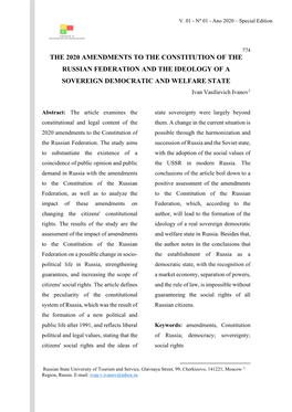 THE 2020 AMENDMENTS to the CONSTITUTION of the RUSSIAN FEDERATION and the IDEOLOGY of a SOVEREIGN DEMOCRATIC and WELFARE STATE Ivan Vasilievich Ivanov1