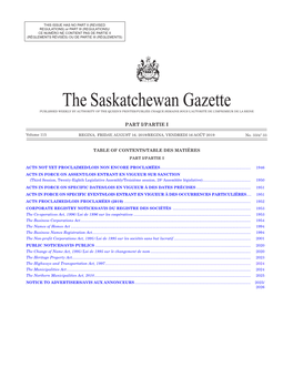 The Saskatchewan Gazette, 16 Août 2019 1945 Ce Numéro Ne Contient Pas De Partie Ii (Règlements Révisés) Ou De Partie Iii (Règlements)