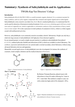 Summary: Synthesis of Salicylaldehyde and Its Applications Twghs Kap Yan Directors’ College Introduction