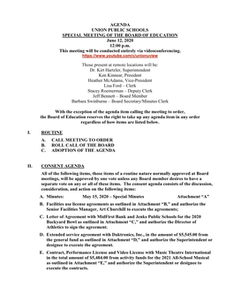 AGENDA UNION PUBLIC SCHOOLS SPECIAL MEETING of the BOARD of EDUCATION June 12, 2020 12:00 P.M