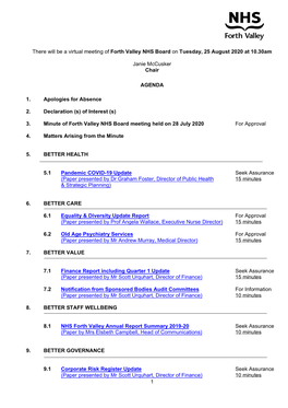 NHS Forth Valley Board Meeting Papers 25 August 2020