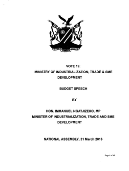Budget Speech for VOTE 19, Ministry of Industrialization, Trade and SME
