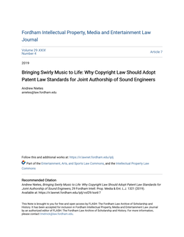 Why Copyright Law Should Adopt Patent Law Standards for Joint Authorship of Sound Engineers