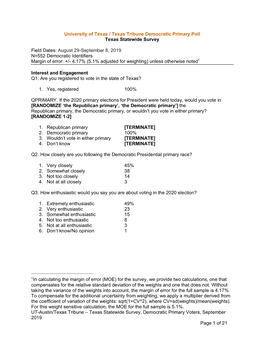 UT-Austin/Texas Tribune – Texas Statewide Survey, Democratic Primary Voters, September 2019 Page 1 of 21 Most Important Problem