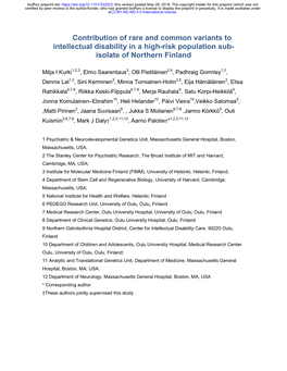 Contribution of Rare and Common Variants to Intellectual Disability in a High-Risk Population Sub- Isolate of Northern Finland