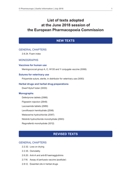 List of Texts Adopted at the June 2018 Session of the European Pharmacopoeia Commission