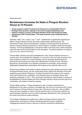 Bertelsmann Increases Its Stake in Penguin Random House to 75 Percent