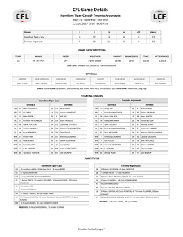 CFL Game Details Hamilton Tiger-Cats @ Toronto Argonauts Week #1 - Game #13 - Year 2017 June 25, 2017-16:00 - BMO Field