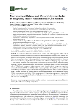 Macronutrient Balance and Dietary Glycemic Index in Pregnancy Predict Neonatal Body Composition