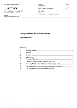 "Sony Mobile Critical Substance List" At