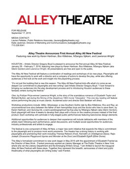 Alley Theatre Announces First Annual Alley All New Festival Featuring New Work by Karen Hartman, Boo Killebrew, Nsangou Njikam, and Lawrence Wright