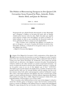 The Politics of Renouncing Zaragoza in Don Quijote 2.59: Cervantine Irony Framed by Plato, Aristotle, Pedro Simo´N Abril, and Juan De Mariana