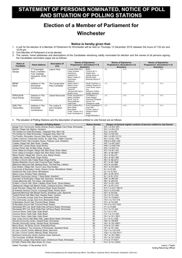 STATEMENT of PERSONS NOMINATED, NOTICE of POLL and SITUATION of POLLING STATIONS Election of a Member of Parliament for Winchest