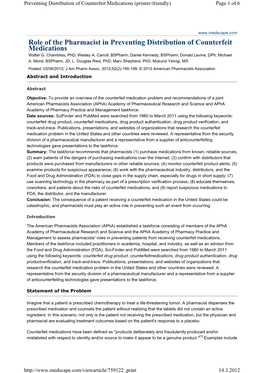 Role of the Pharmacist in Preventing Distribution of Counterfeit Medications Walter G