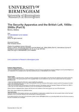 University of Birmingham the Security Apparatus and the British Left