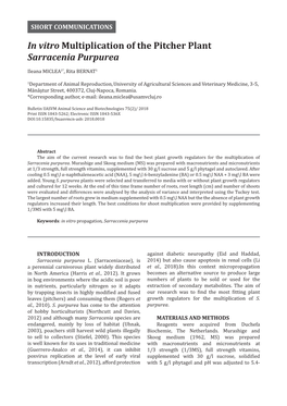 In Vitro Multiplication of the Pitcher Plant Sarracenia Purpurea