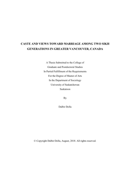 Caste and Views Toward Marriage Among Two Sikh Generations in Greater Vancouver, Canada