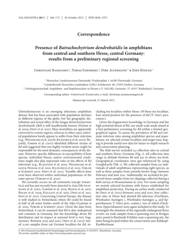 Presence of Batrachochytrium Dendrobatidis in Amphibians from Central and Southern Hesse, Central Germany: Results from a Preliminary Regional Screening