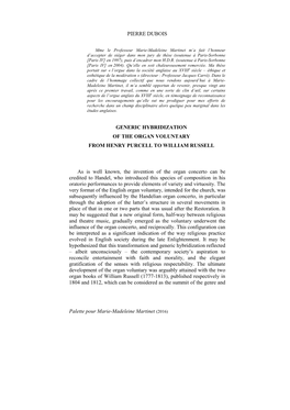 PIERRE DUBOIS Palette Pour Marie-Madeleine Martinet (2016) GENERIC HYBRIDIZATION of the ORGAN VOLUNTARY from HENRY PURCELL TO