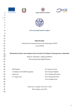 Università Degli Studi Di Cagliari PHD DEGREE Earth and Environmental