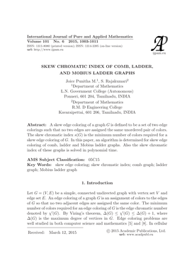 SKEW CHROMATIC INDEX of COMB, LADDER, and MOBIUS LADDER GRAPHS Joice Punitha M.1, S