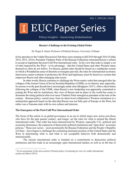 Russia's Challenge to the Existing Global Order in His Speeches to the Valdai Discussion Club Three Years Running in Fall 2014